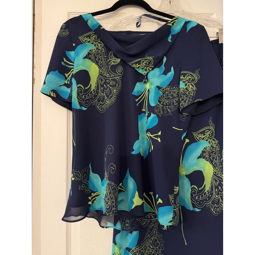 Studio I 2-Piece Chiffon Skirt Set Navy Blue Turquoise Floral Cowl Neck Midi 12 - Picture 2 of 10